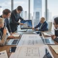 Business professionals collaborating around a conference table with laptops, blueprints, and charts in an office overlooking a city skyline.