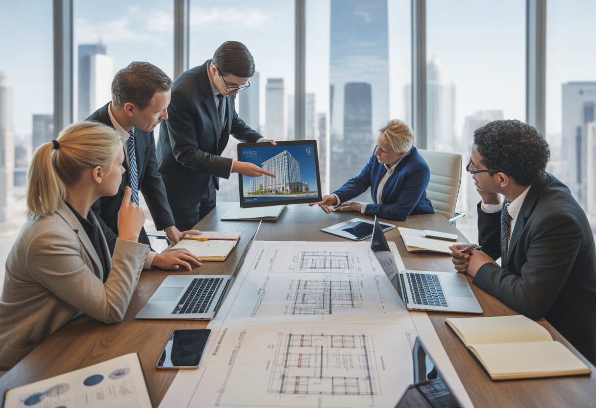 Business professionals collaborating around a conference table with laptops, blueprints, and charts in an office overlooking a city skyline.