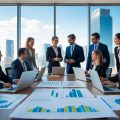 A group of business professionals discussing commercial real estate plans around a conference table with laptops, charts, and blueprints, with a city skyline visible through large windows.