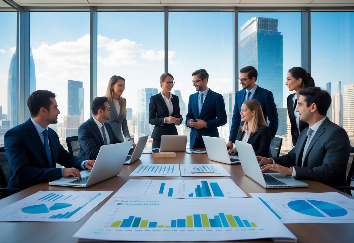 A group of business professionals discussing commercial real estate plans around a conference table with laptops, charts, and blueprints, with a city skyline visible through large windows.