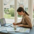 A person writing notes at a desk with neighborhood maps and a laptop, with houses visible through a window in the background.