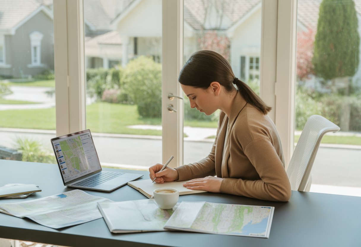 A person writing notes at a desk with neighborhood maps and a laptop, with houses visible through a window in the background.