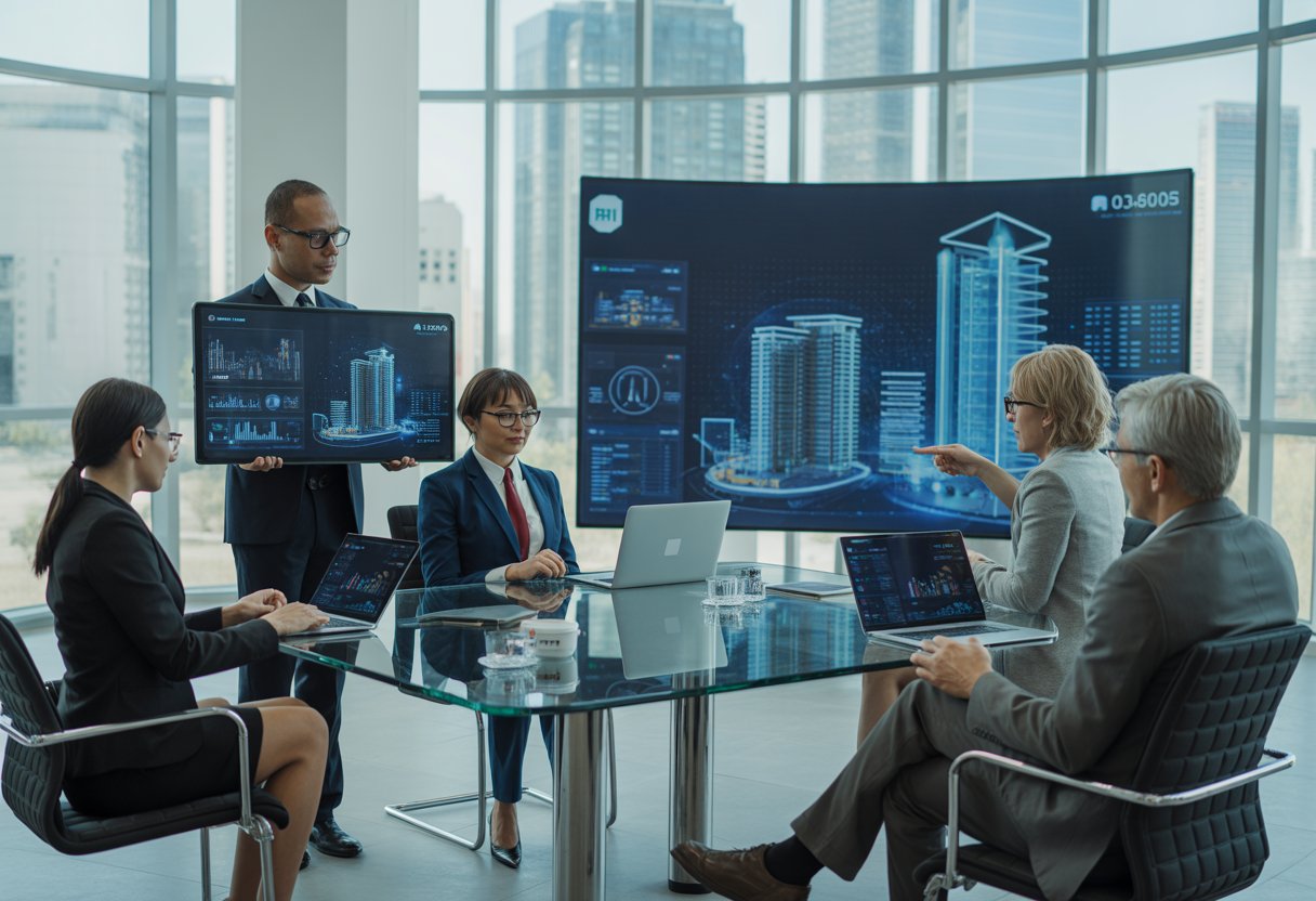 A group of professionals collaborating in a modern office with digital screens showing real estate data and 3D building models.