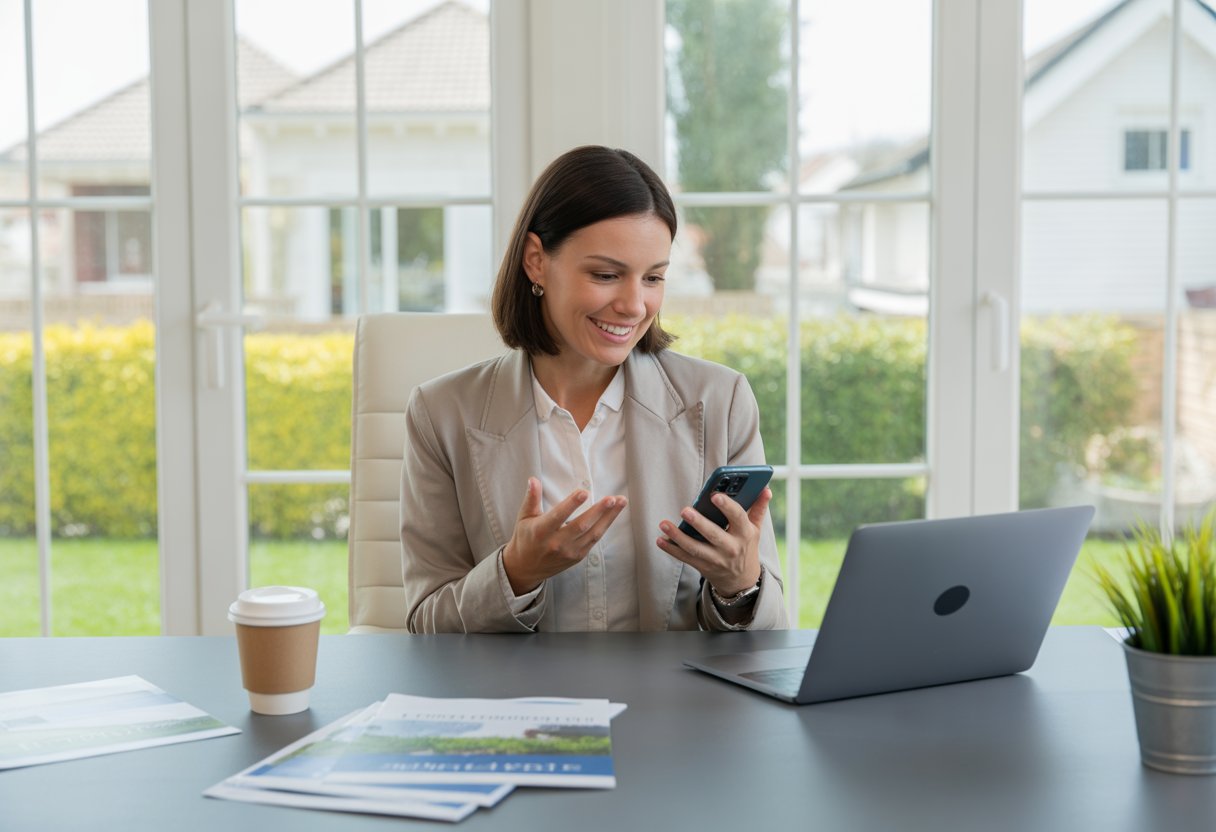 A real estate agent sitting at a desk using a laptop and smartphone in a bright home office with windows showing houses outside.