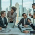 A group of business professionals discussing real estate investment plans around a table in an office with a city skyline visible through large windows.