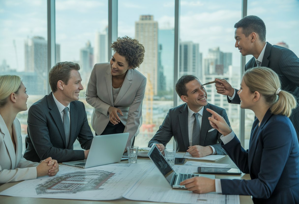 A group of business professionals discussing real estate investment plans around a table in an office with a city skyline visible through large windows.