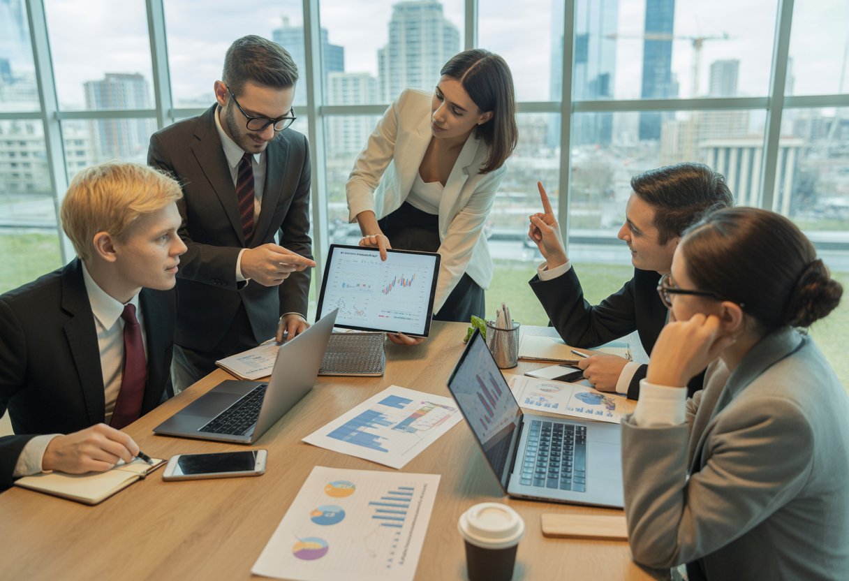 Business professionals collaborating around a table with laptops and documents showing real estate charts, with a city skyline visible through large windows.