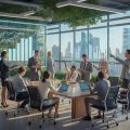 A group of professionals collaborating in a modern office with digital screens and city views.