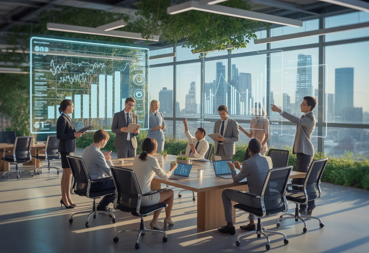 A group of professionals collaborating in a modern office with digital screens and city views.