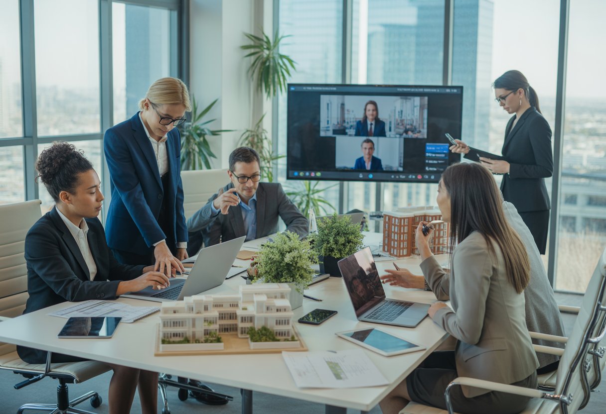A group of professionals collaborating in a modern office with some working remotely via video calls and others meeting in person around a conference table with real estate materials.