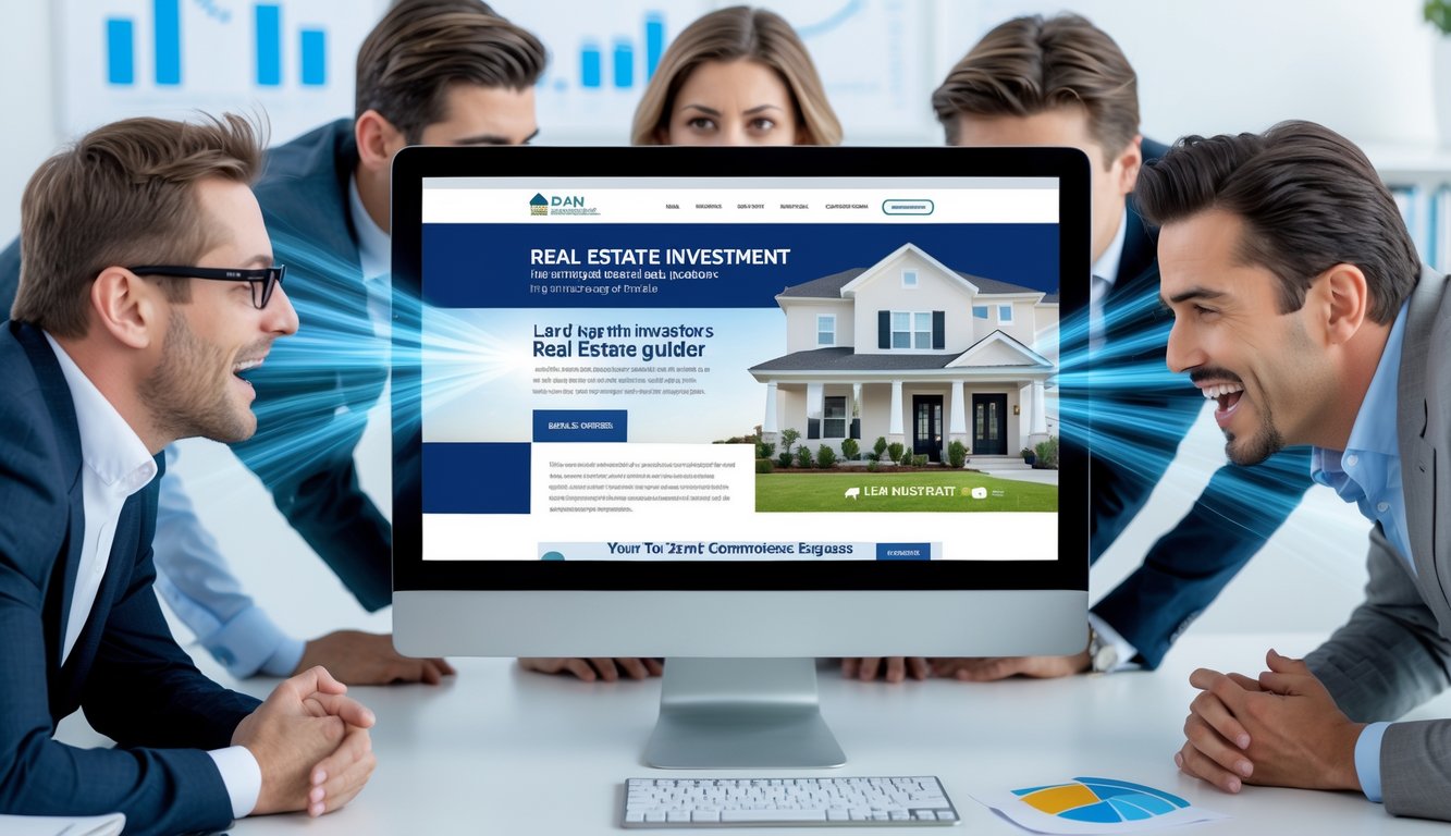 Real estate investors being sucked into a computer screen as they are attracted by lead magnets on a blog on a real estate investment website.