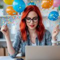 A female content creator with red hair and black rimmed glasses working on her laptop in her home office. She is surrounded by balloons exploding and popping and she creates content that bust real estate myths.