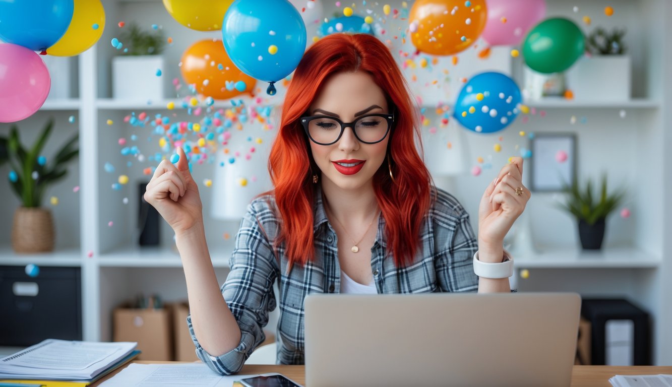A female content creator with red hair and black rimmed glasses working on her laptop in her home office. She is surrounded by balloons exploding and popping and she creates content that bust real estate myths.