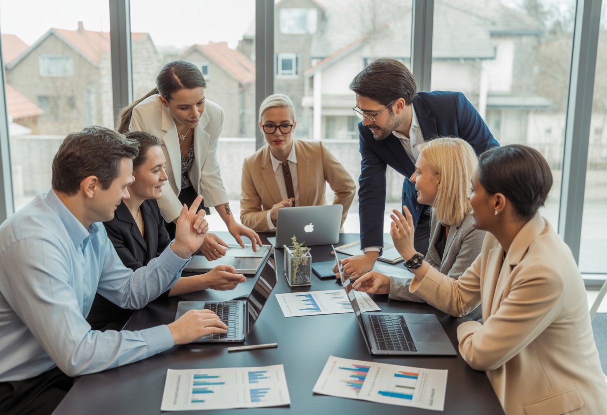 A group of people in a meeting room analyzing charts and data about real estate in an urban neighborhood.