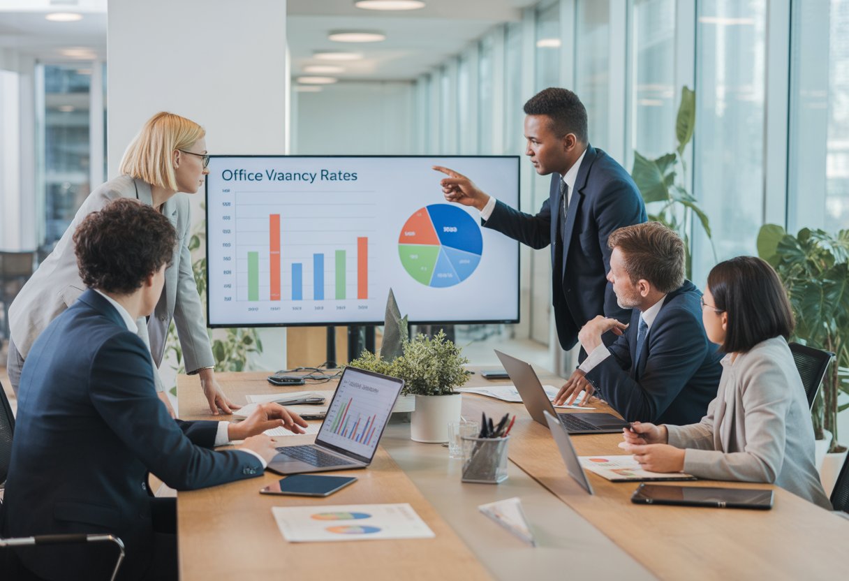 Business professionals in a modern office reviewing charts and graphs around a conference table.