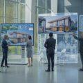 A group of professionals interacting with futuristic digital screens and smart devices showing 3D property models and data in a modern office.