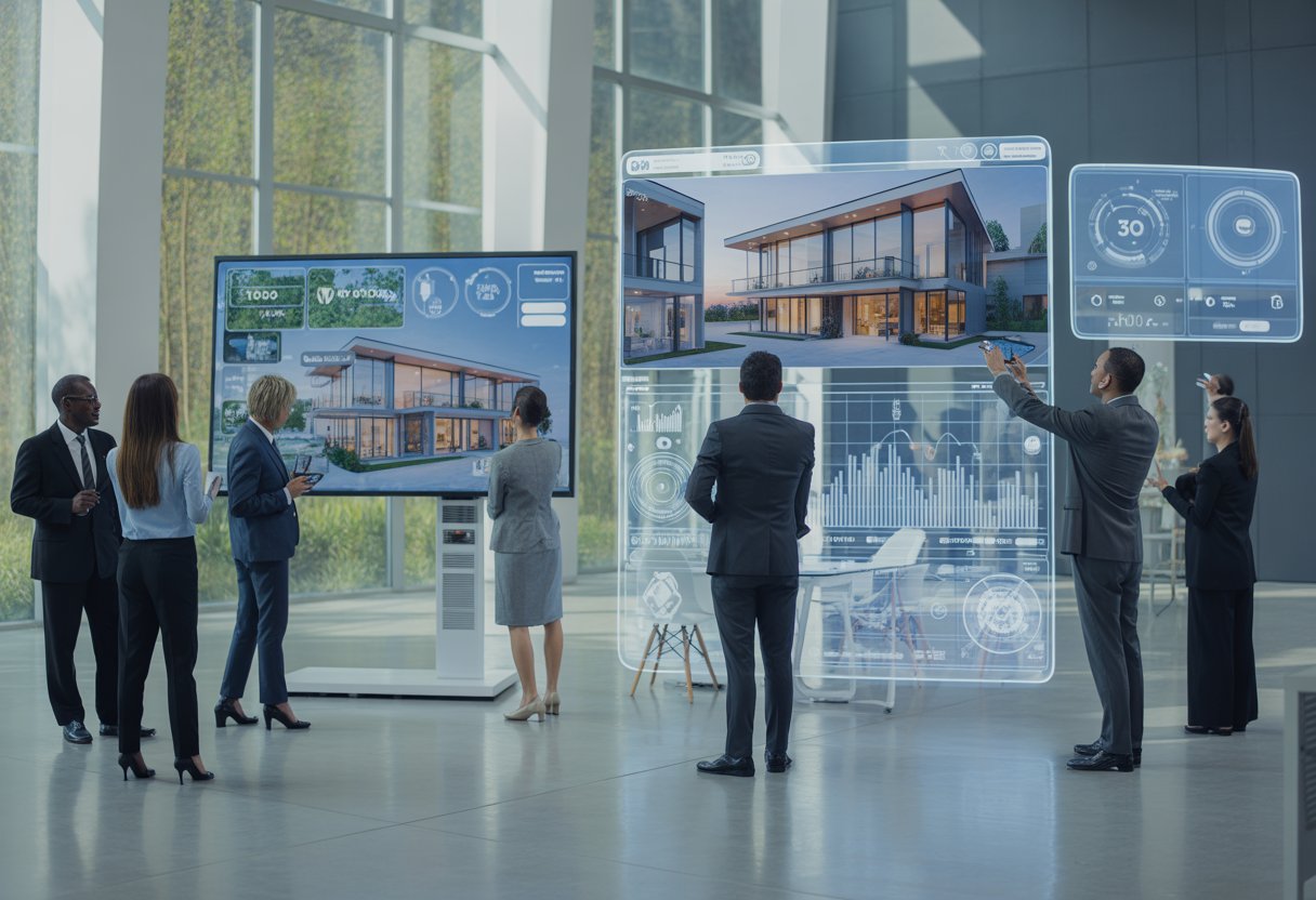 A group of professionals interacting with futuristic digital screens and smart devices showing 3D property models and data in a modern office.