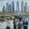 A futuristic city skyline with professionals using digital devices and augmented reality to interact with smart buildings and real estate data.