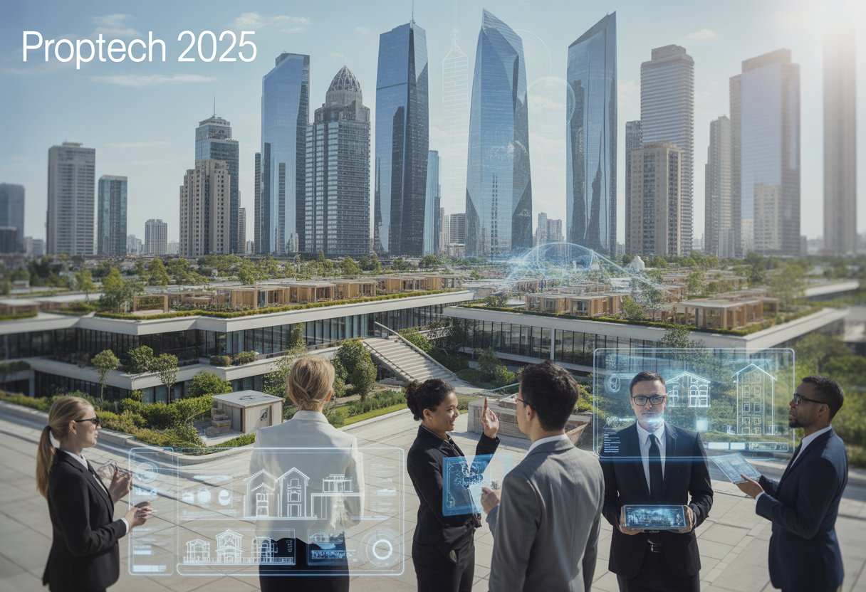 A futuristic city skyline with professionals using digital devices and augmented reality to interact with smart buildings and real estate data.