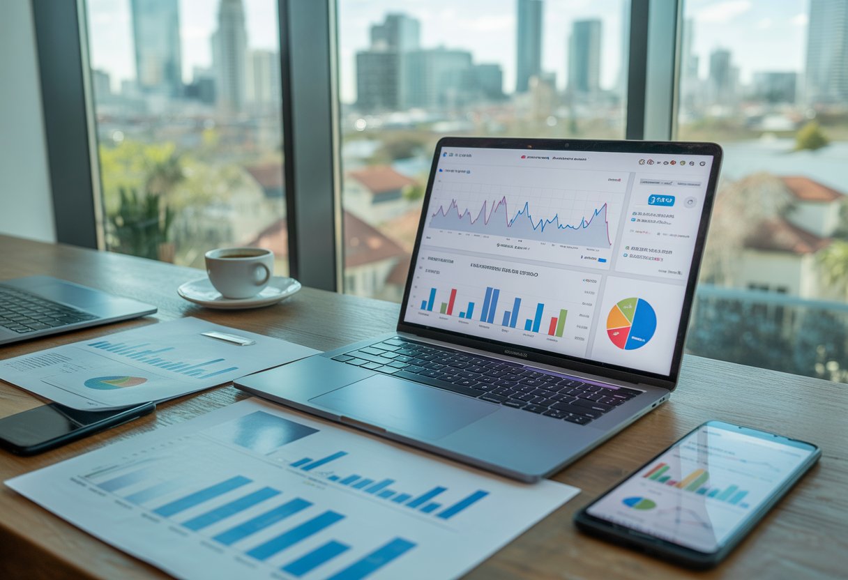 A workspace with a laptop showing real estate and SEO charts, printed reports, a smartphone, and a city skyline view through a window.