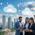 Business professionals collaborating around a table with digital devices showing cloud data and real estate information, with a city skyline visible through large windows.