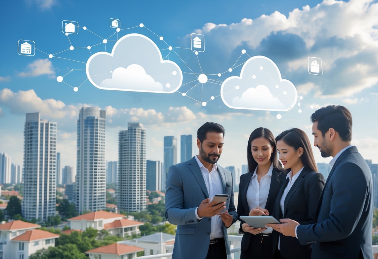 Business professionals collaborating around a table with digital devices showing cloud data and real estate information, with a city skyline visible through large windows.