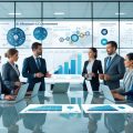 Business professionals discussing AI infrastructure investment around a table with laptops and charts in a modern office.