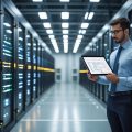 A business professional reviewing digital blueprints in a modern data center with rows of server racks and organized infrastructure.