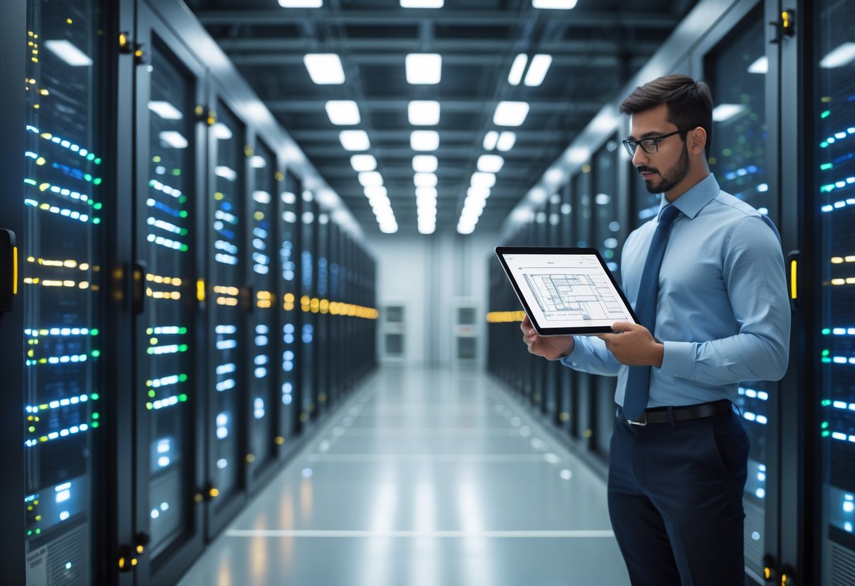 A business professional reviewing digital blueprints in a modern data center with rows of server racks and organized infrastructure.
