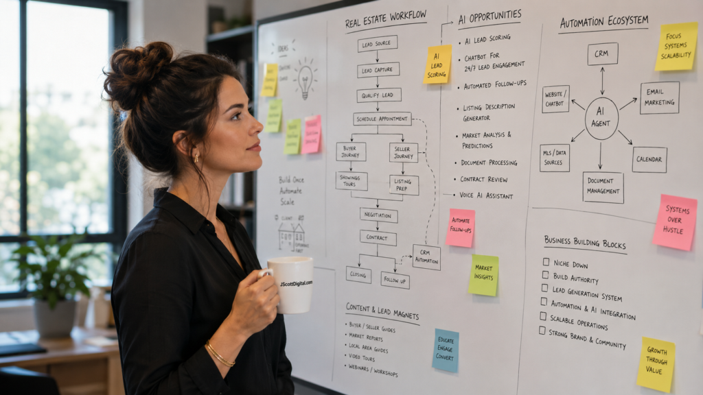 A professional female entrepreneur thoughtfully analyzing a detailed planning board filled with flowcharts and diagrams of real estate workflows and AI business opportunities. The scene maintains the original composition, focusing on her reflective expression and the organized complexity of the board. In her hand, she holds a coffee cup featuring the legible text "JScottDigital.com" on its surface. The lighting is soft and natural, emphasizing the textures of the sticky notes and the clean, modern office environment.