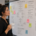 AI Business Opportunities in Real Estate Worth Building A professional female entrepreneur thoughtfully analyzing a detailed planning board filled with flowcharts and diagrams of real estate workflows and AI business opportunities. The scene maintains the original composition, focusing on her reflective expression and the organized complexity of the board. In her hand, she holds a coffee cup featuring the legible text "JScottDigital.com" on its surface. The lighting is soft and natural, emphasizing the textures of the sticky notes and the clean, modern office environment.