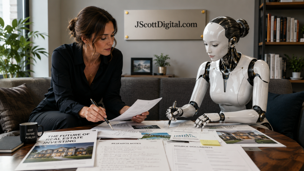 A female human editor and a sleek, humanoid AI figure sit side-by-side on an office couch, collaborating on a real estate article, research notes, and source documents spread out between them.