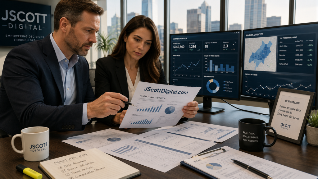 Professional real estate experts meticulously examining printed market reports and digital analytics screens for data accuracy. The scene maintains the existing office composition and lighting, showing the professionals focused on the verification process. One of the documents on the desk clearly displays the website URL JScottDigital.com in legible typography amidst market graphs and text.