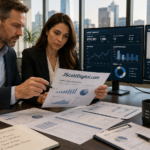 How to Use AI for Real Estate Business Without Costly Errors Professional real estate experts meticulously examining printed market reports and digital analytics screens for data accuracy. The scene maintains the existing office composition and lighting, showing the professionals focused on the verification process. One of the documents on the desk clearly displays the website URL JScottDigital.com in legible typography amidst market graphs and text.
