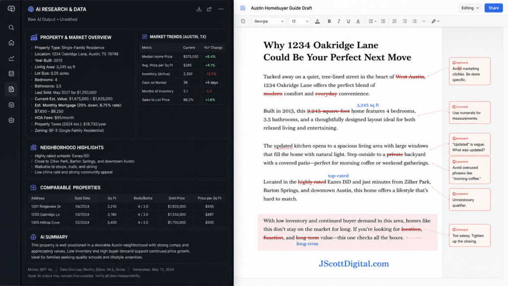 Split-screen workspace showing AI research notes beside a human-edited real estate article draft