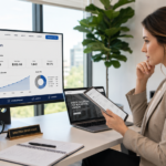 A professional Millennial woman in modern business attire sits at a clean, organized desk in a sunlit office, focused on a computer screen displaying a detailed website migration strategy. The monitor shows a transition plan titled "2026 Platform Migration," featuring a checklist and data analytics charts related to a real estate portfolio. She holds a tablet in one hand, comparing notes, while her laptop sits open nearby. The workspace is professional and contemporary, with large windows in the background and subtle office decor, capturing a moment of concentrated strategic planning. She is reviewing the J. Scott Digital website for assistance in setting up a new site for her business.