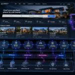A detailed 3D cutaway perspective of a real estate digital ecosystem, revealing the underlying architecture of a modern website. The scene features interconnected content modules and cluster nodes linked by flowing data streams and glowing navigation paths. Inset profile cards for experts are integrated within the layout, while transparent layers expose backend data sources and analytical frameworks. The composition uses a clean, tech-focused aesthetic with crisp UI elements, schematic lines, and a structured arrangement that visualizes the platform's internal logic and connectivity.