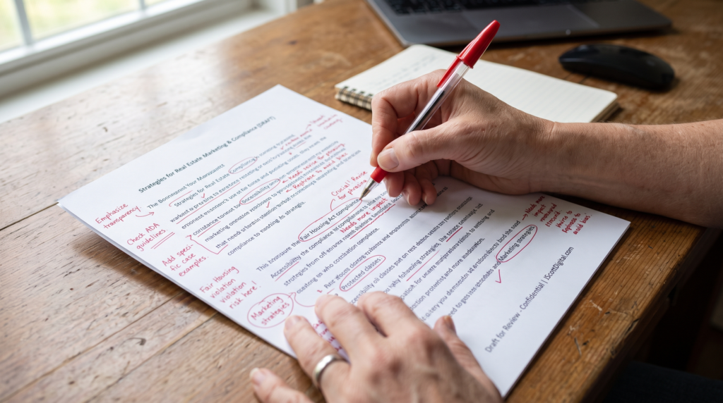 Real estate editor marking article claims, fair housing language, and marketing notes before publication