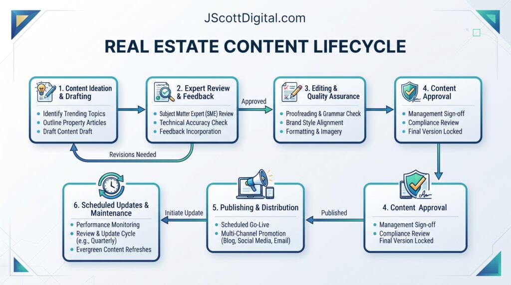 A clean and professional workflow diagram illustrating the lifecycle of real estate content, following the existing structure from drafting through expert review, approval, publishing, and concluding with scheduled updates. Each stage is clearly defined with distinct labels and connectors, emphasizing a logical progression. The visual style features modern UI elements, sharp lines, and a cohesive business-oriented color palette to enhance the clarity of the process flow. At the top center of the diagram is the URL JScottDigital.com