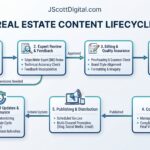 Why Content Governance Matters More Than Publishing Speed A clean and professional workflow diagram illustrating the lifecycle of real estate content, following the existing structure from drafting through expert review, approval, publishing, and concluding with scheduled updates. Each stage is clearly defined with distinct labels and connectors, emphasizing a logical progression. The visual style features modern UI elements, sharp lines, and a cohesive business-oriented color palette to enhance the clarity of the process flow. At the top center of the diagram is the URL JScottDigital.com