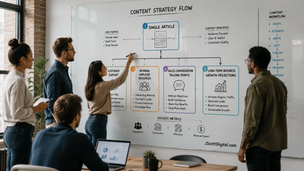 A professional content team collaborating in a modern workspace, actively mapping out a strategic flowchart on a large glass whiteboard.