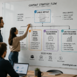 Good Content Should Pay Everyone Back A professional content team collaborating in a modern workspace, actively mapping out a strategic flowchart on a large glass whiteboard.