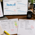 7 Editorial Red Flags in Real Estate Articles A professional editorial desk scene where a real estate article is being cross-referenced with detailed market reports, financial data spreadsheets, and property records. The layout highlights the comparison, featuring annotations and highlighted text over data-heavy charts and official documents. The focus is on the analytical process of fact-checking, with clear visibility of graphs and legal paperwork in a brightly lit, organized work environment. On the desk there is a small plaque with the URL JScottDigital.com