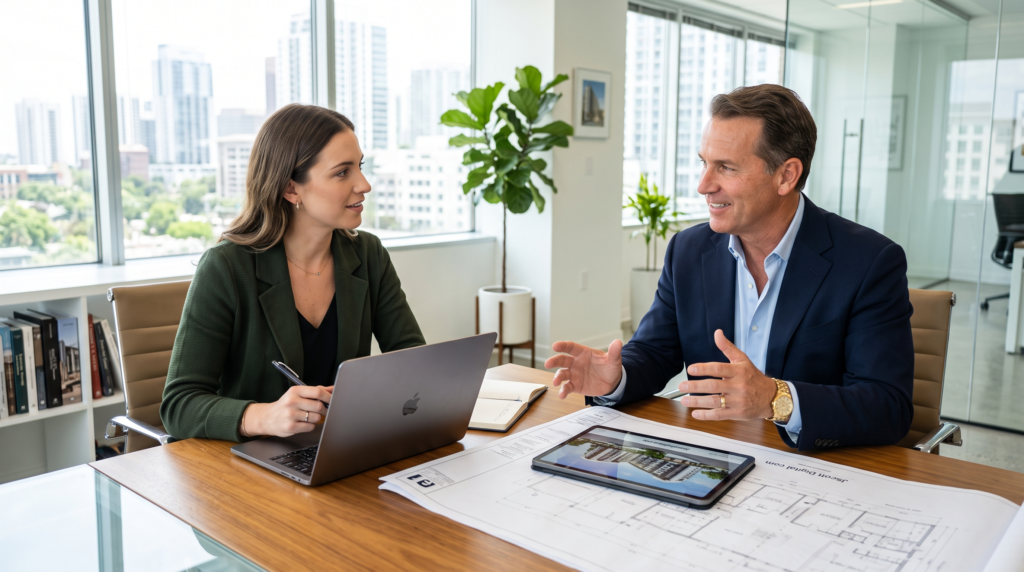 A real estate company founder in a tailored blazer sits across from a content strategist in a sunlit, modern office.
