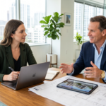 A real estate company founder in a tailored blazer sits across from a content strategist in a sunlit, modern office.