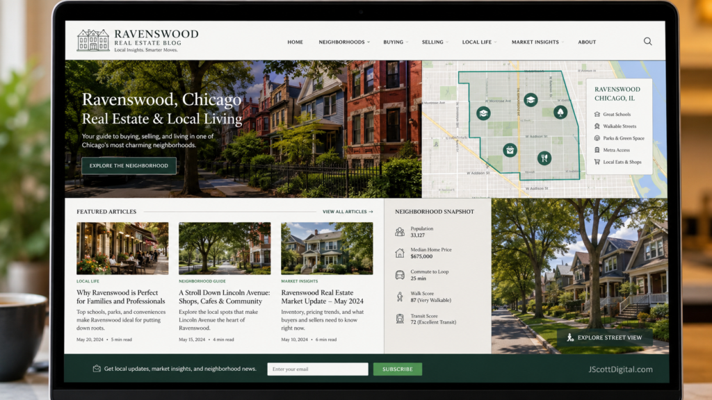 A sophisticated digital blog interface focused on hyper-local real estate, featuring interactive neighborhood maps, detailed articles about local community life, and street-level views of charming residential homes.