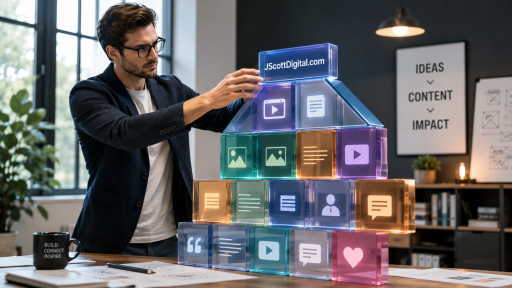A professional creator in business casual attire meticulously stacking large, semi-transparent digital blocks to form a modern architectural structure. These blocks are etched with subtle icons representing social media posts, videos, and articles, glowing softly from within. The scene captures the physical act of building a house through the assembly of these vibrant, interactive content elements in a bright, contemporary workspace. One of the blocks has JScottDigital.com on it.
