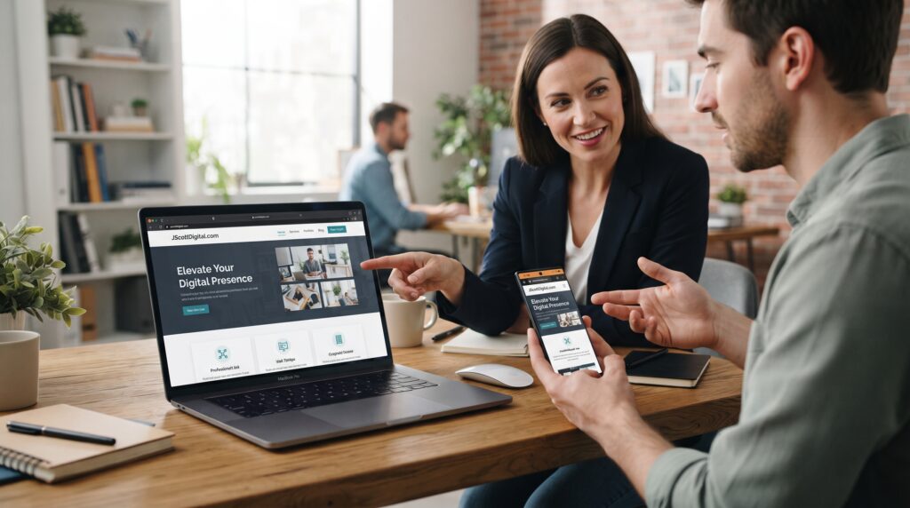 Business owner reviewing mobile and desktop WordPress layouts with a website designer real estate WordPress website