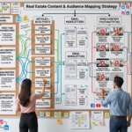 Why Real Estate Media Needs an Audience Strategy Transform the existing image into a comprehensive editorial planning wall for a real estate content creator, featuring an organized map that connects specific audience segments to corresponding articles, newsletters, videos, and advertiser categories. The composition should show a structured layout of interconnected diagrams, color-coded notes, and logical flowcharts that illustrate a strategic media plan. Enhance the visual clarity of the mapping elements, emphasizing the relationships between content types and market niches through professional workspace aesthetics and a clear, functional design.