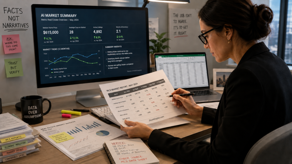 A professional real estate editor meticulously cross-referencing an AI-generated market summary on a monitor with physical financial reports and digital spreadsheets. The scene highlights the transition between automated claims and original source data, with an analytical focus on verifying figures and market trends. The setting is a modern editorial office, emphasizing the investigative comparison of text and raw data.